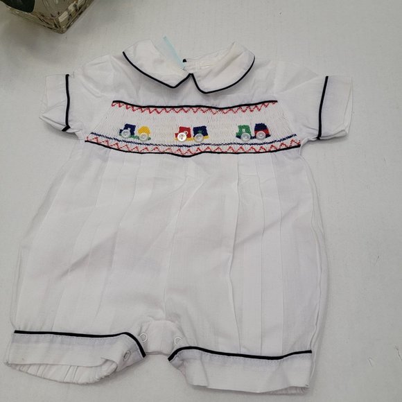 Baby Boy BEBE Short Romper Hand Smocked Bubble Knit Train Blue White 0/3 Month